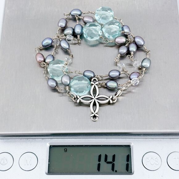 Gray Pearl & Blue Glass Bead Cross Necklace | Vintage Sterling Silver 925 | 19" - Picture 5 of 5